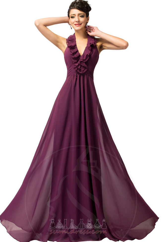 Pleated Bodice Deep v-Neck Cascading Elegant A-Line Backless Party Dress