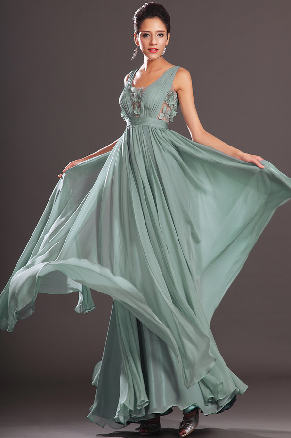 Pleated Bodice Floor Length Light Blue Sleeveless Pleated Mid Back Evening gown