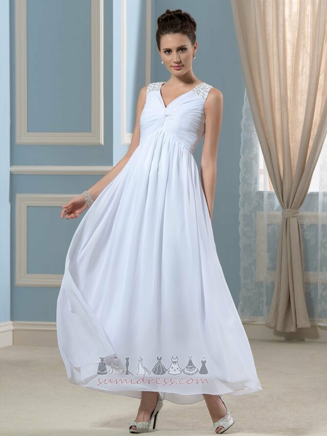 Pleated Bodice Natural Waist Empire V-Neck Tea Length Chiffon Evening Dress