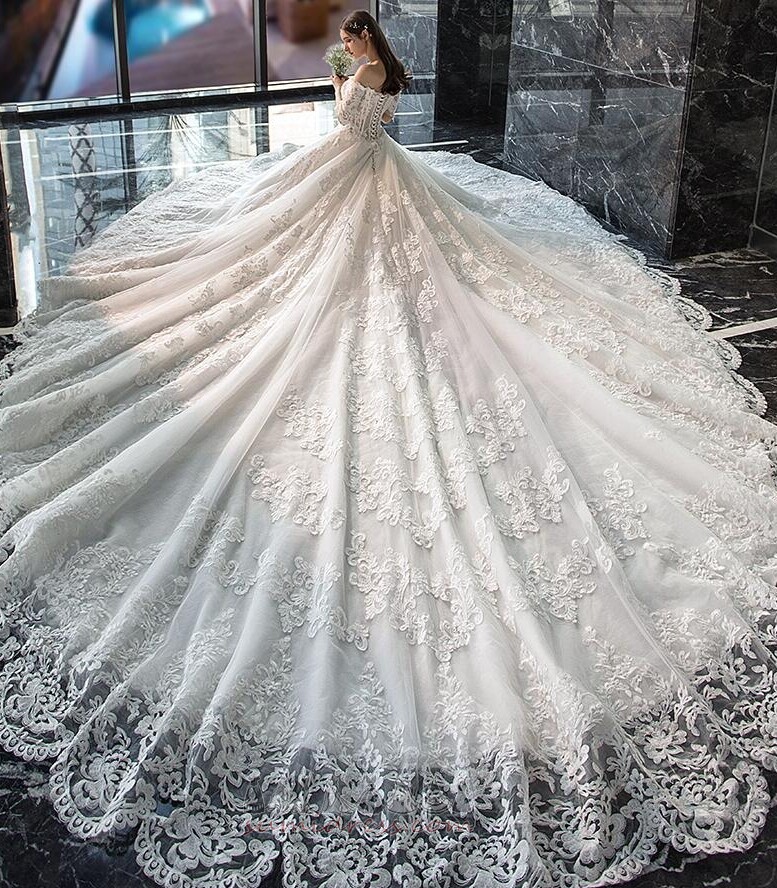 Póló Hosszú Formális Appliqués Természetes derék Royal vonat Menyasszonyi ruha
