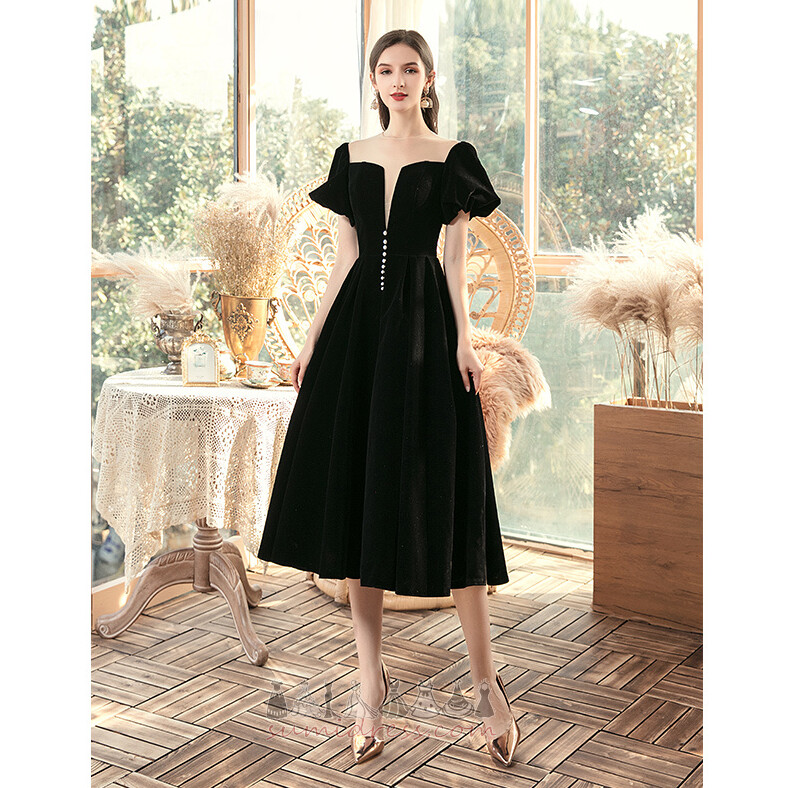 Pouf Sleeves Square Lace-up Chic Knee Length A-Line Evening Dress