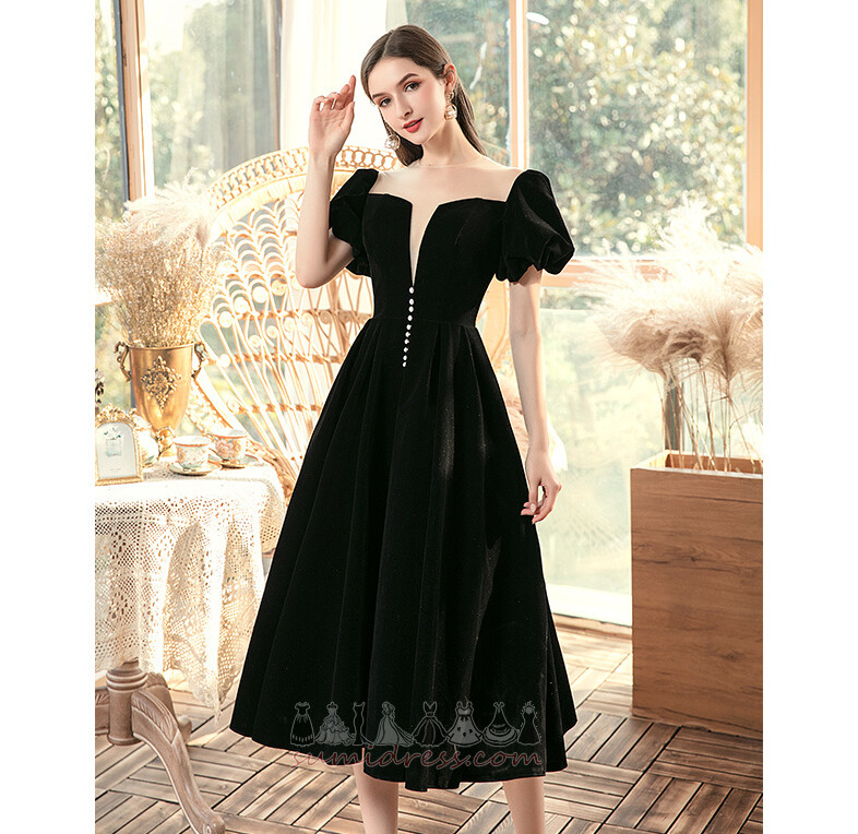 Pouf Sleeves Square Lace-up Chic Knee Length A-Line Evening Dress