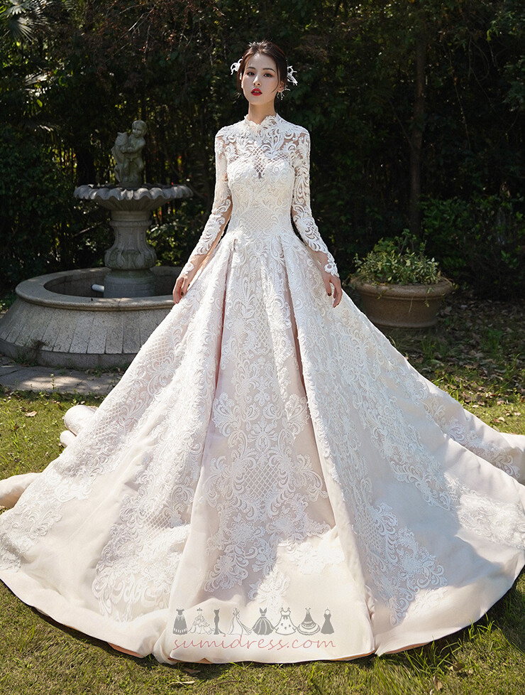 природні Талія формальний Мереживо Overlay висока шия весна атлас Весільна сукня