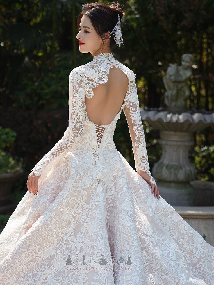 природні Талія формальний Мереживо Overlay висока шия весна атлас Весільна сукня