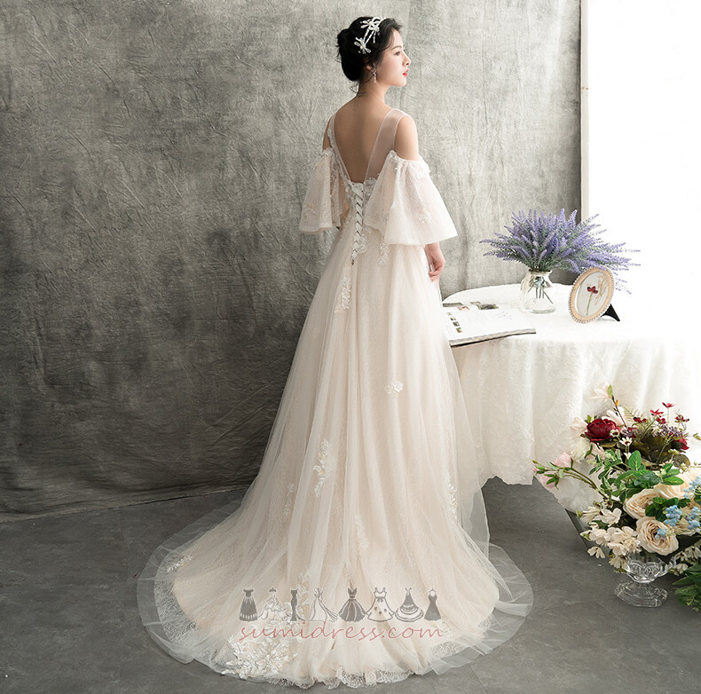 природні Талія З плеча на відкритому повітрі романтичний короткі рукави лінія Весільна сукня