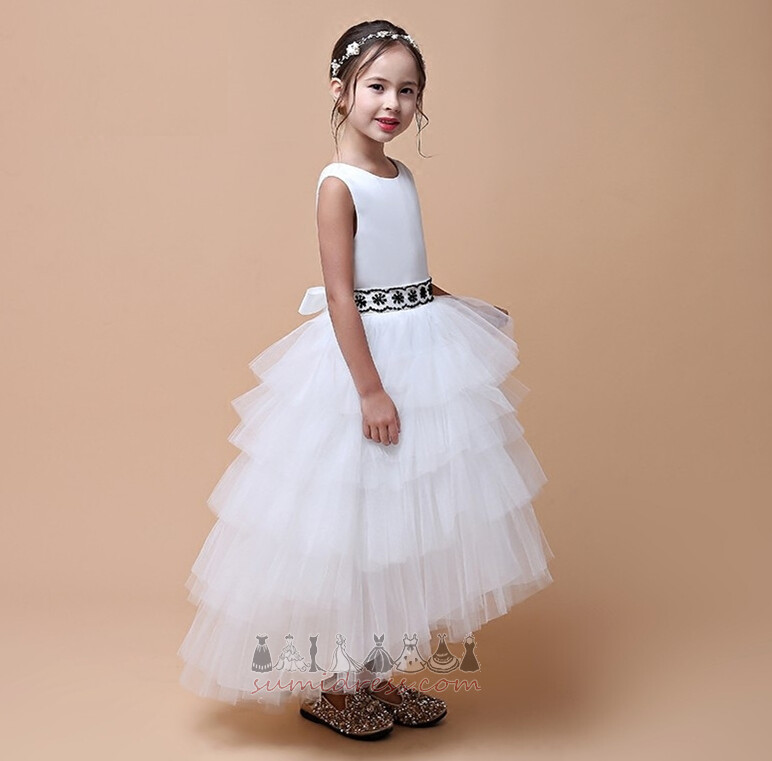 Rochie de floare fată Satin Fără mâneci Bijuterie Ceai de lungime Fermoar în sus Secvențială