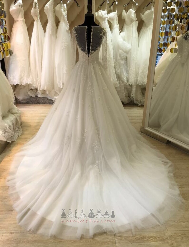 Rochie de mireasă A-linie Aplicatii Mâneci lungi Bateau Biserica Mediu