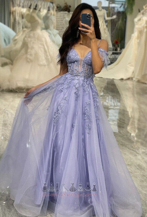 Rochie de seară De pe umăr Aplicatii V-gât adânc şir A-linie Elegant