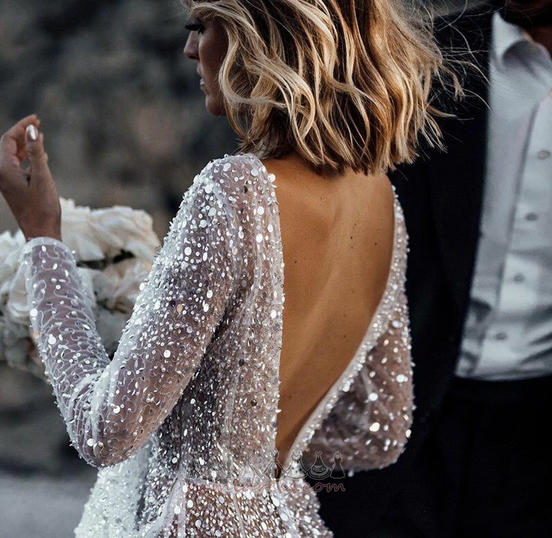 Romantic Backless Outdoor Medium Sequined A-Line Wedding Dress