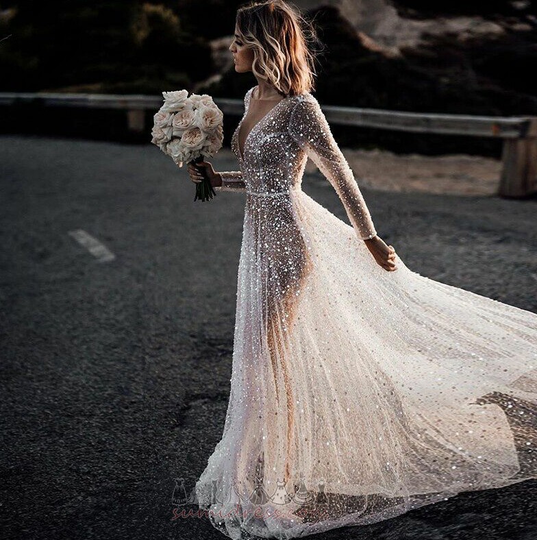 Romantic Backless Outdoor Medium Sequined A-Line Wedding Dress
