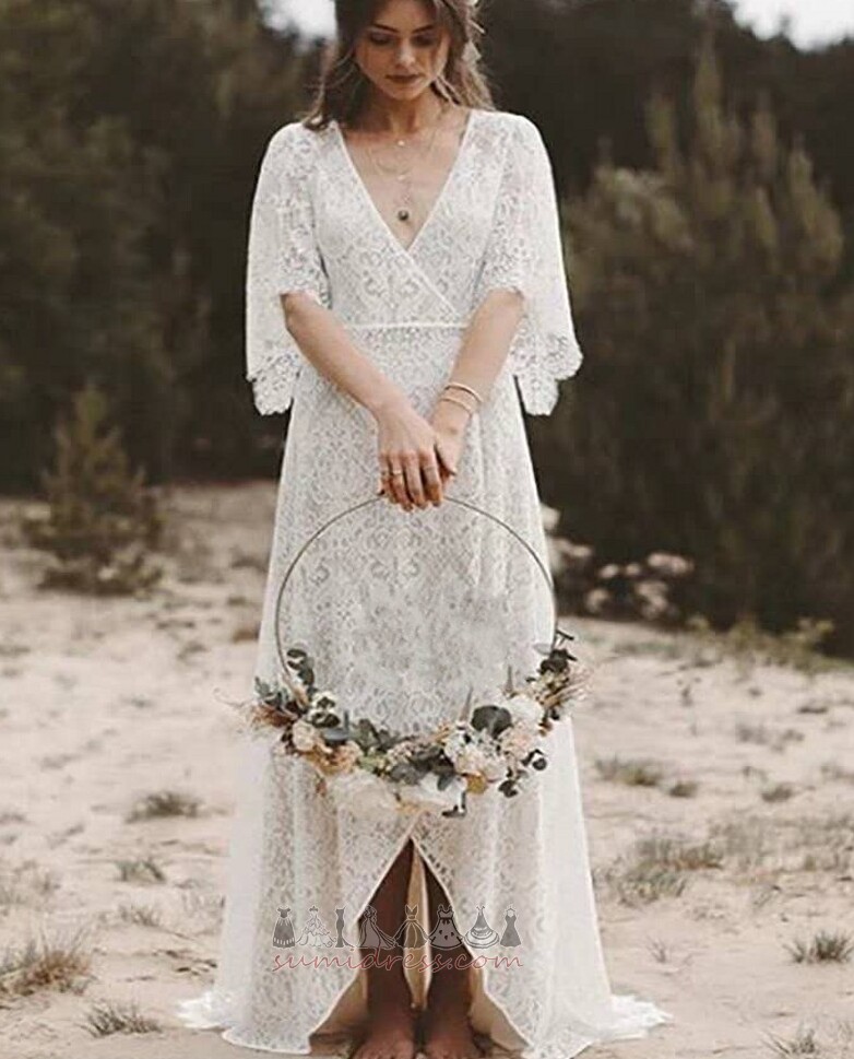 Romantic Deep v-Neck Hemline Asymmetrical Loose Sleeves Sweep Train Wedding gown