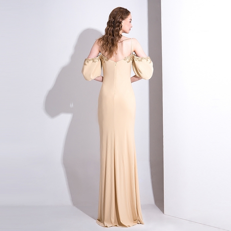 Romantic Floor Length Applique Lantern Short Sleeves Satin Evening gown