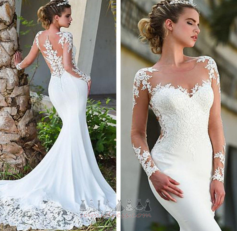 Romantic Long Sleeves Scoop Illusion Sleeves Applique Natural Waist Wedding Dress
