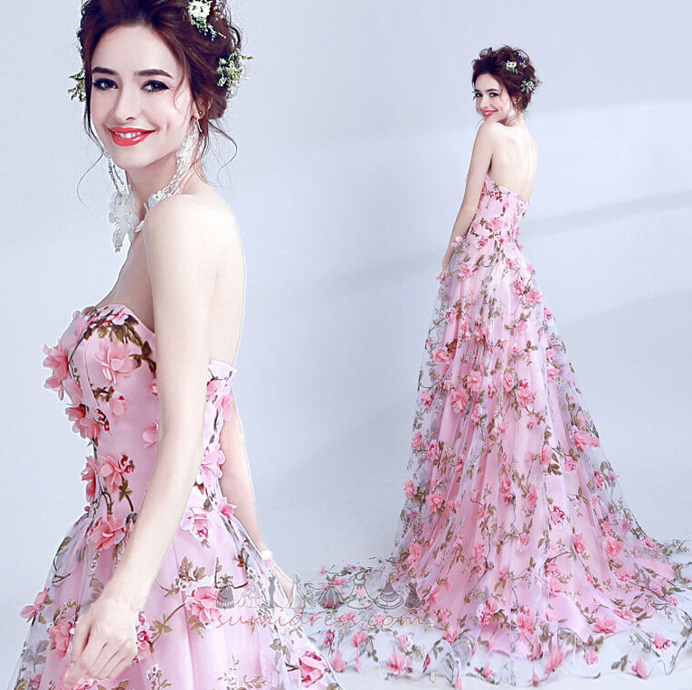 Rose utsmykningen A-formet Elegante Tyll Lang Stroppløs kvelds kjole