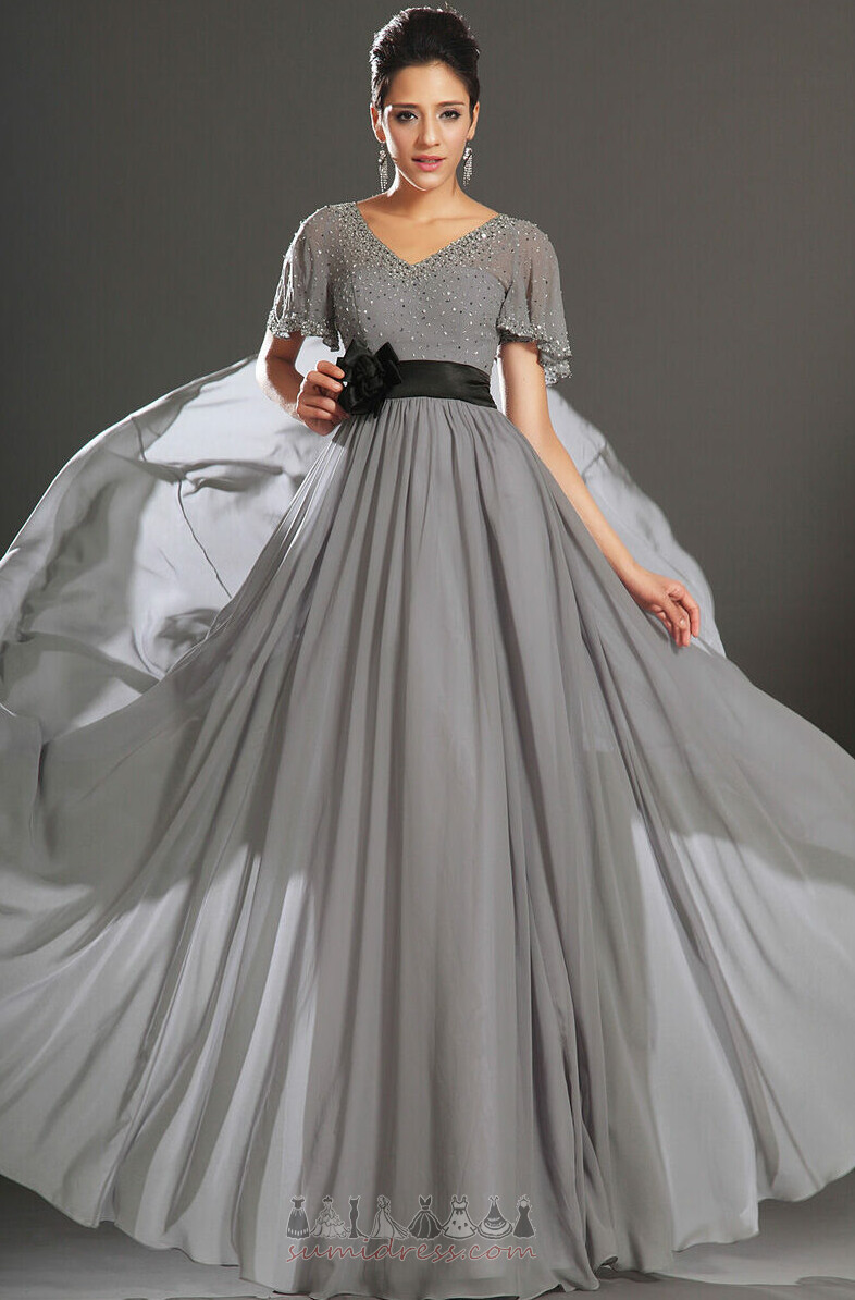 Rosette Mitte Rücken V-Ausschnitt Zug zu fegen Kurze Ärmel Elegante Abendkleid