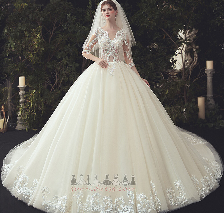 Royal Train Illusion Sleeves Formal Sheer Back Lace A-Line Wedding Dress