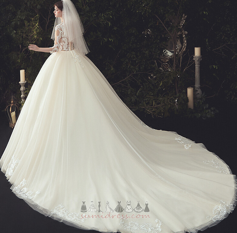Royal Train Illusion Sleeves Formal Sheer Back Lace A-Line Wedding Dress