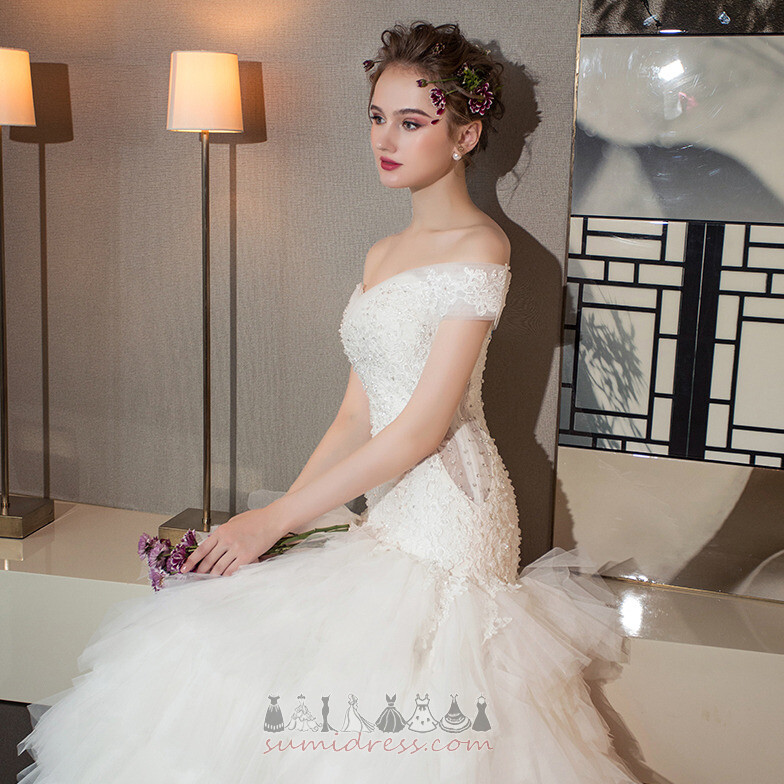 Royal Train Natural Waist Lace-up Church Short Sleeves Tulle Wedding gown