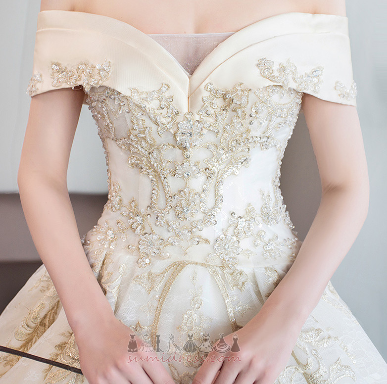 Satijn Koninklijke Trein Korte Mouwen Afgetopte mouwen Off-The-Shoulder Bruid jurk