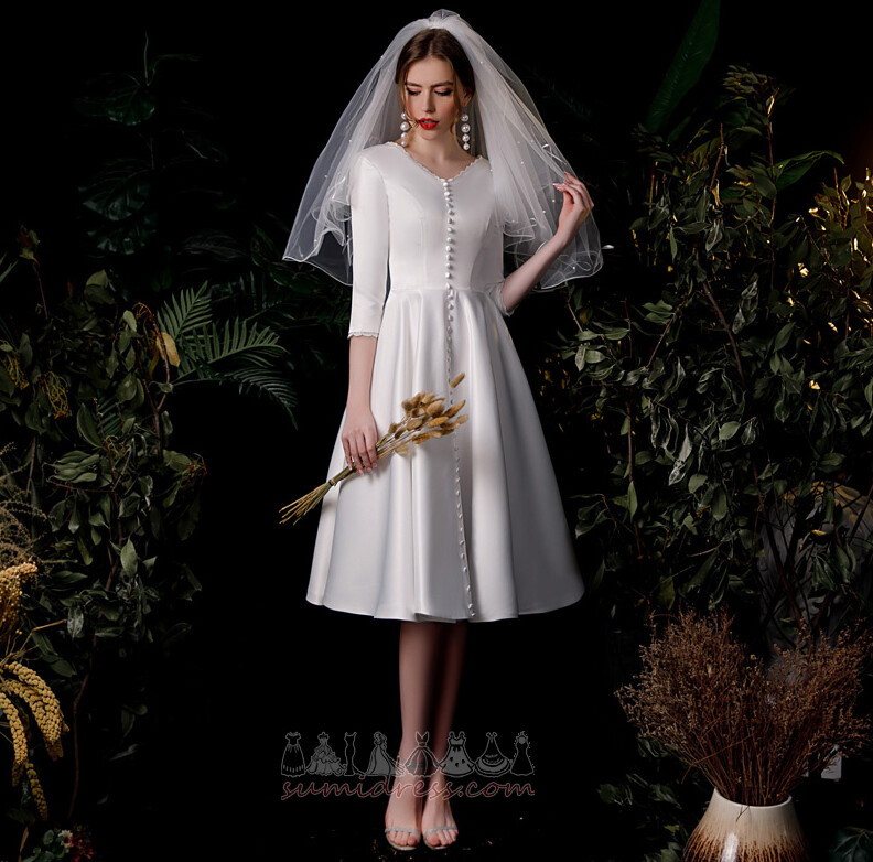 Satin 3/4 Length Sleeves Medium Zipper Up T-shirt A-Line Wedding Dress