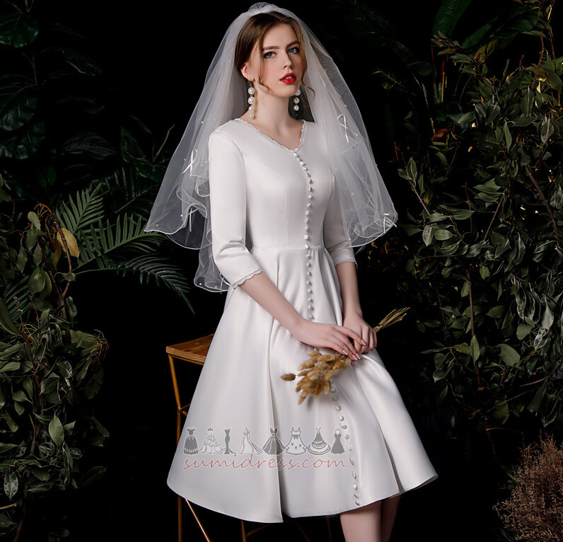 Satin 3/4 Length Sleeves Medium Zipper Up T-shirt A-Line Wedding Dress