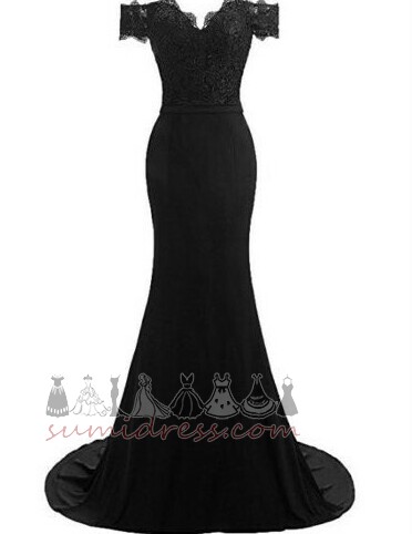 Satin Applique Lace Overlay Off Shoulder Long Thin Prom Dress