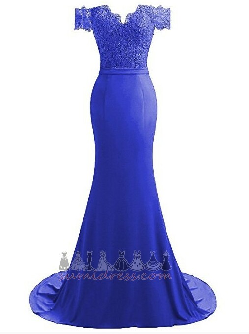 Satin Applique Lace Overlay Off Shoulder Long Thin Prom Dress