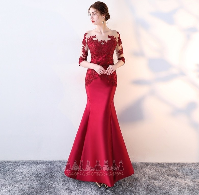 Satin Half Sleeves Ankle Length Natural Waist Embroidery Illusion Sleeves Evening Dress