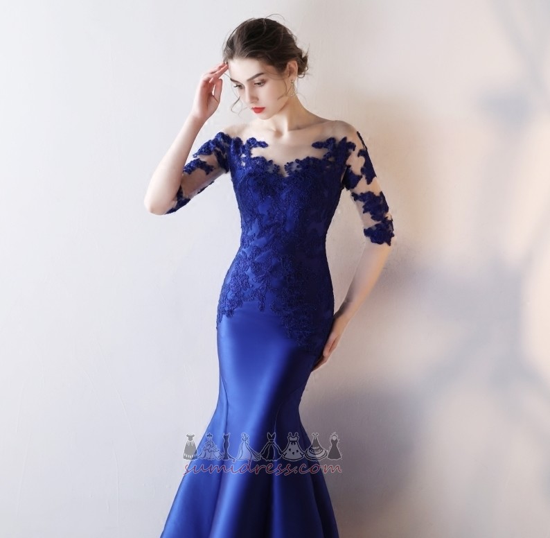 Satin Half Sleeves Ankle Length Natural Waist Embroidery Illusion Sleeves Evening Dress