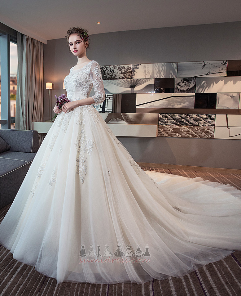 Satin Illusion Sleeves Jewel Demure Formal Monarch Train Wedding gown