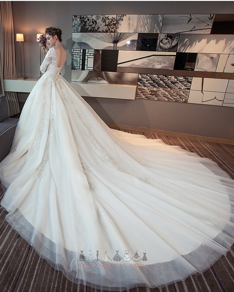 Satin Illusion Sleeves Jewel Demure Formal Monarch Train Wedding gown