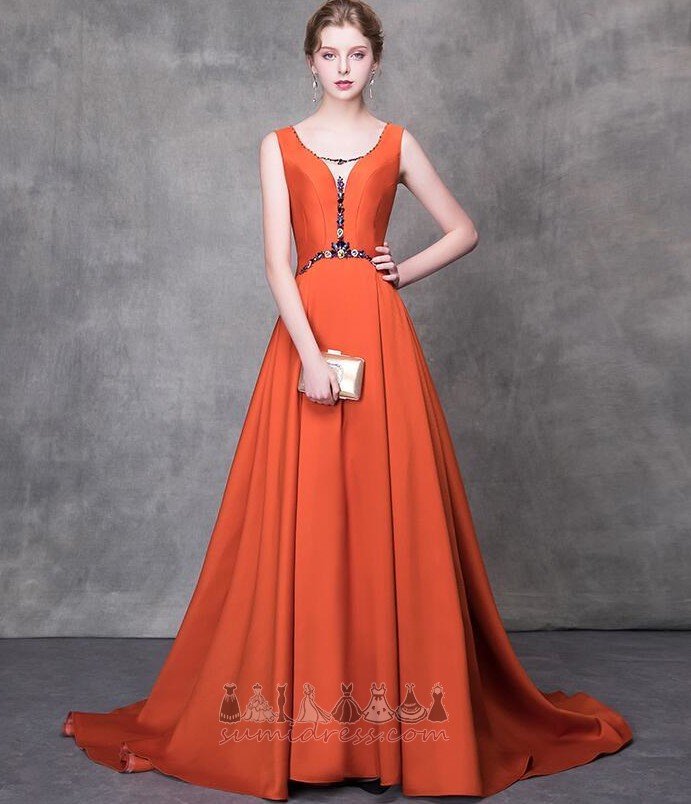 Satin Simple Beaded Belt Sweep Train Lace-up A Line Evening gown