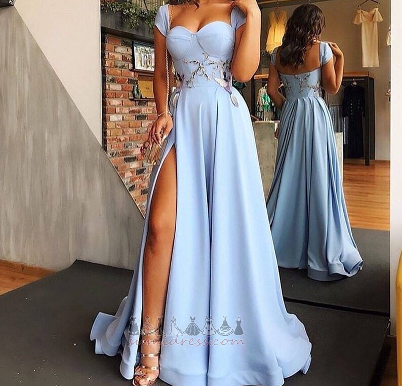 Satin Thigh-High Slit Off Shoulder Sleeveless Embroidery A-Line Prom Dress
