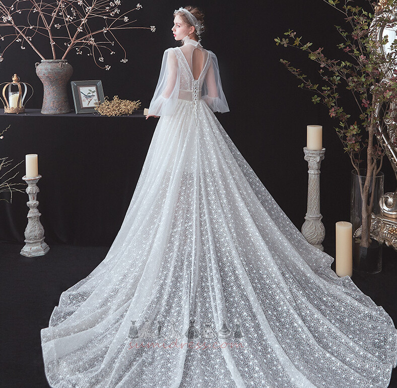 See Through Natural Waist String Outdoor Medium Lace Wedding Dress