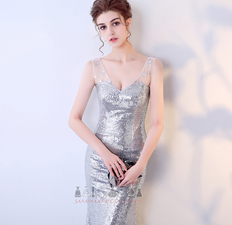 Sequined Bodice Starry Floor Length V-Neck Sleeveless Sparkle Prom Dress