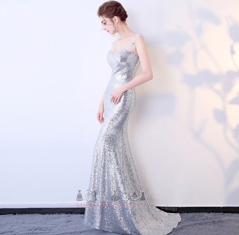 Sequined Bodice Starry Floor Length V-Neck Sleeveless Sparkle Prom Dress