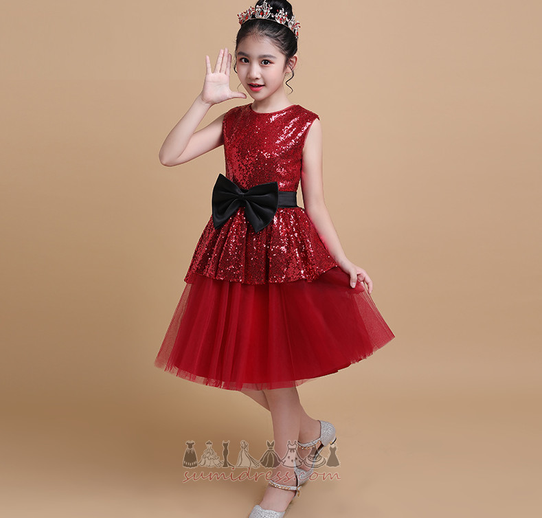 Sequined Natural Waist Accented Bow Zipper Up Jewel Tulle Flower Girl Dress