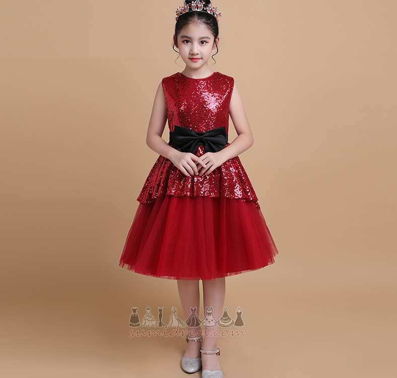 Sequined Natural Waist Accented Bow Zipper Up Jewel Tulle Flower Girl Dress