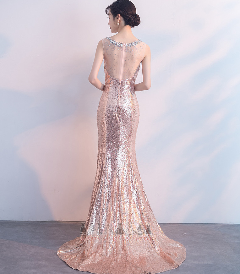 Sequined Sexy Sheer Back Sweep Train Jewel Mermaid Prom Dress