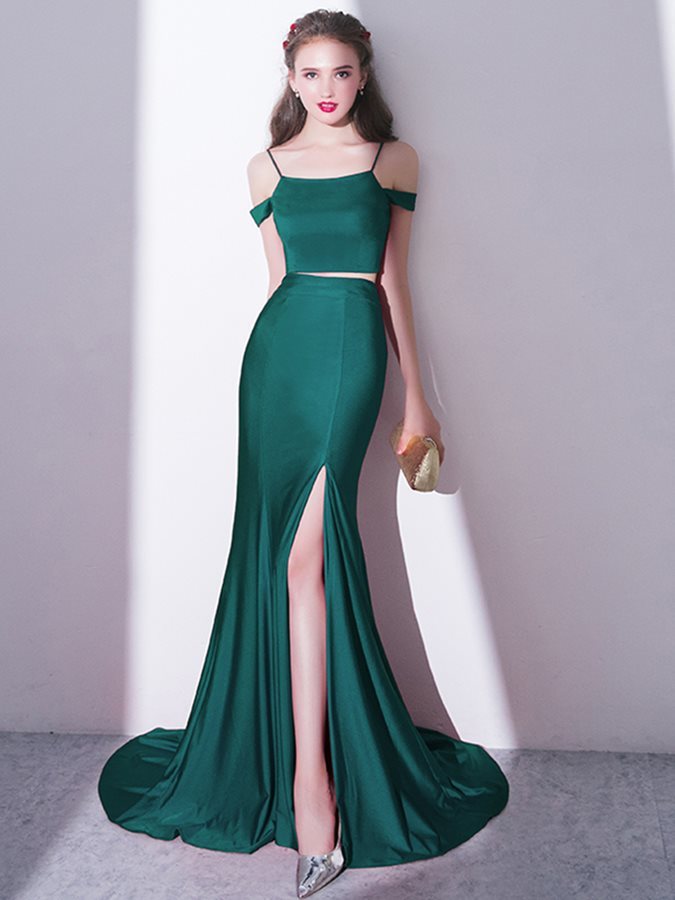 Sexy Feie Train Frontgaffel skjørt To stykke Avkortet ermer Liten Aftenkjole