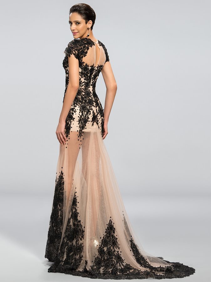 Sexy Lace Sweep Train Short Sleeves Party Applique Evening gown