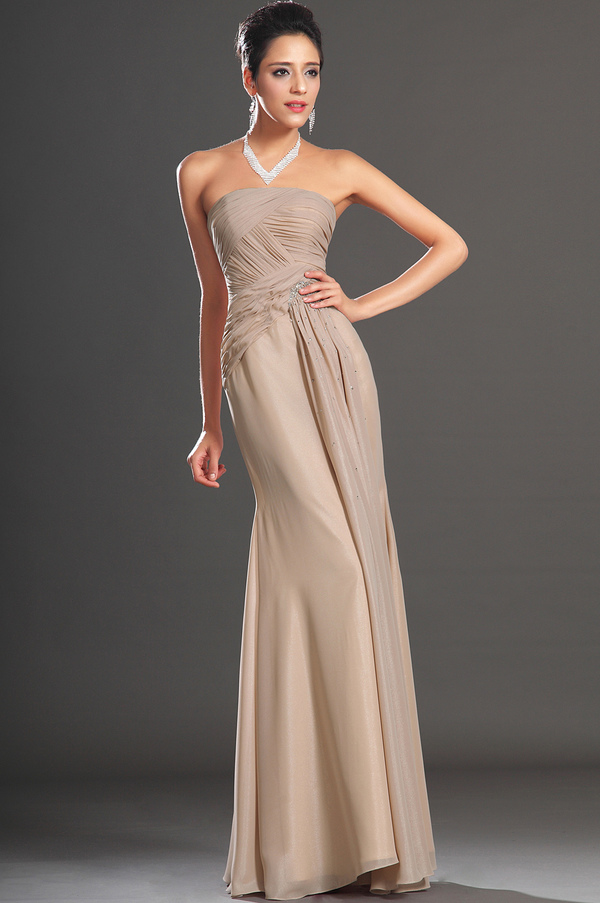 Sheath Natural Waist Pleated Floor Length Composite Chiffon Elegant Evening Dress