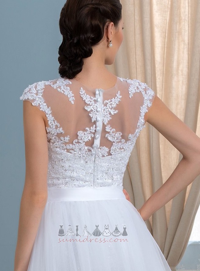 Sheer Back Chic Lace Hemline Asymmetrical Short Sleeves Satin Wedding Dress