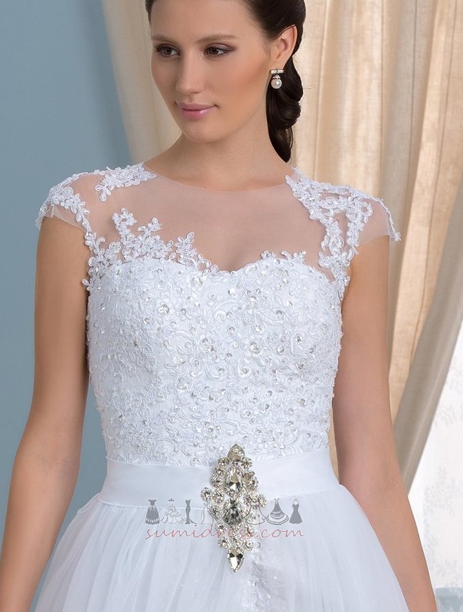 Sheer Back Chic Lace Hemline Asymmetrical Short Sleeves Satin Wedding Dress