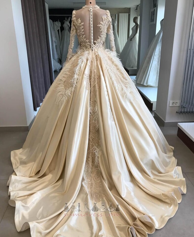 Sheer Back Long Sleeves Pear Cathedral Train Illusion Sleeves Wedding Dress