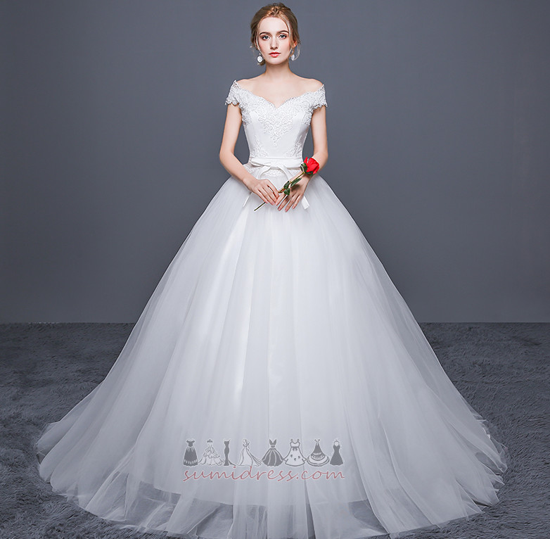 Short Sleeves A-Line Natural Waist Tulle Bow Off Shoulder Wedding gown