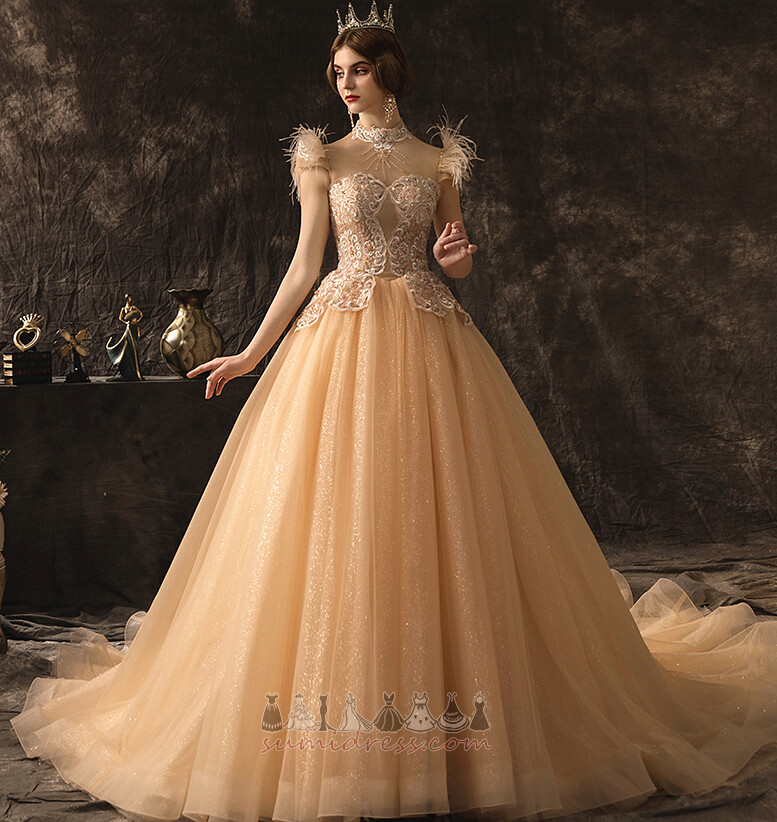Short Sleeves Beach Cathedral Train Keyhole Back Tulle Winter Wedding Dress