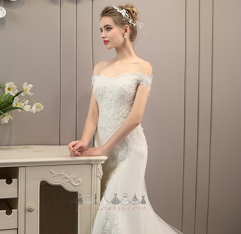 Short Sleeves Chapel Train Lace Overlay Beading Natural Waist Wedding Dress