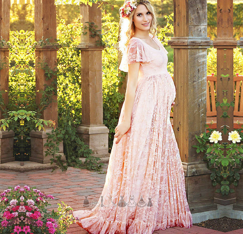 Short Sleeves Floor Length Empire Empire Waist Simple Lace Overlay Wedding Dress