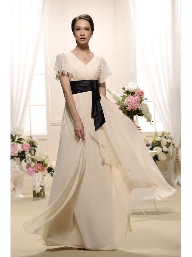 Short Sleeves Floor Length V-Neck Spring Loose Sleeves Chiffon Evening Dress
